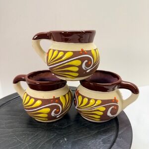 Set of 3 Jarrito Mexican Folk Art Pottery Mugs HandPainted Terracotta Stoneware